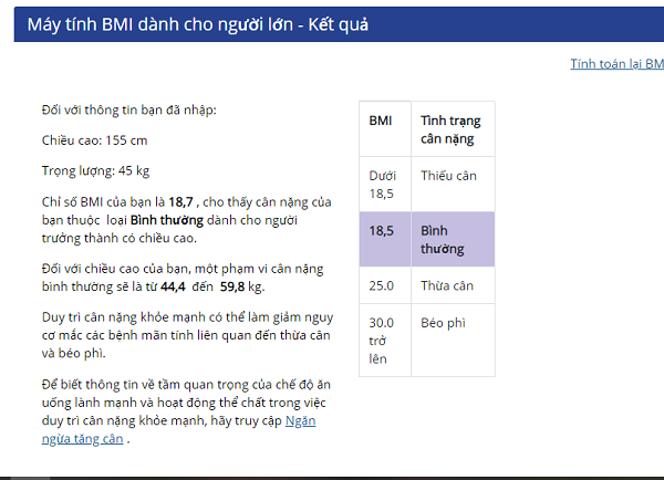 Kết quả tính BMI cho người lớn